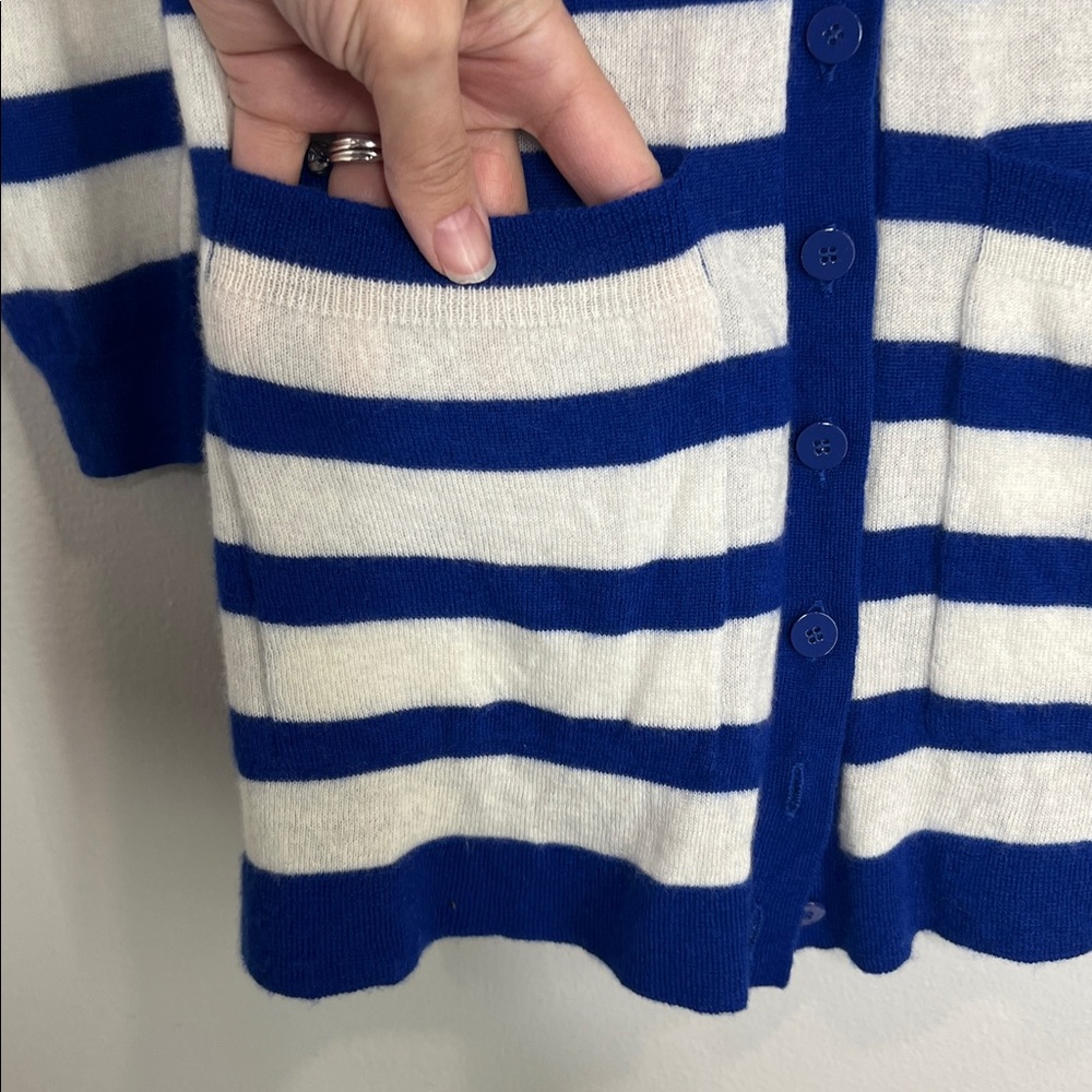 J. Crew 100% Cashmere Nautical blue and white stripe cardigan size Medium - Picture 4 of 13